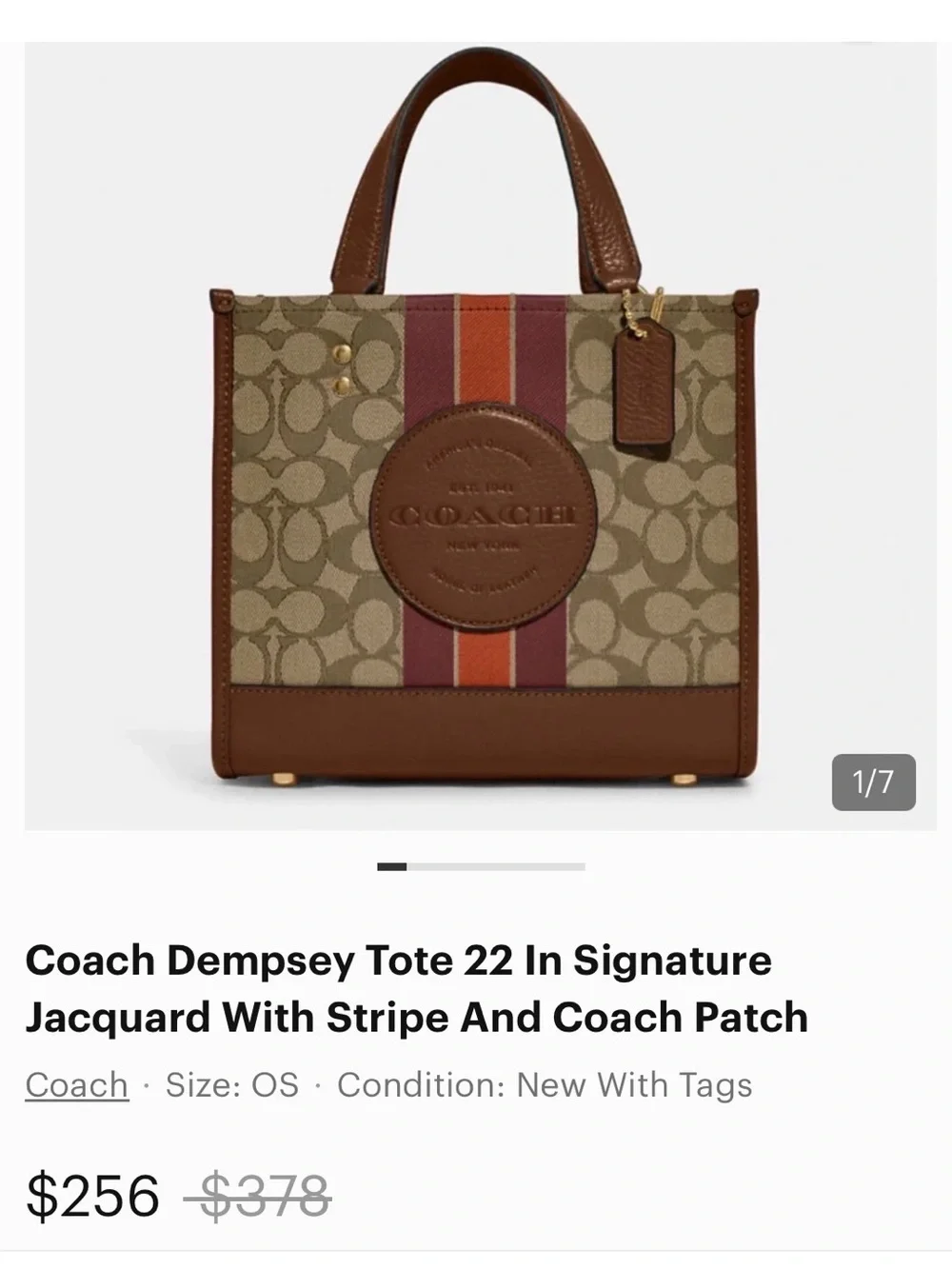 Coach Tan Signature Stripe Small Tote with Burgundy and Orange Center Stripe